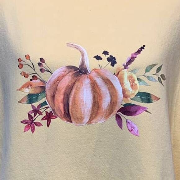 Hand Printed XL Upcycled Pumpkin Autumn Fall Flower Long Sleeve Sweatshirt - Picture 2 of 3